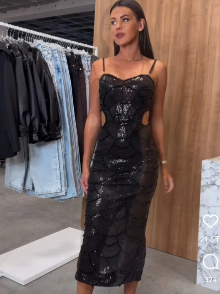 Black Color Women Sleeveless Sexy Beading Strap Bodycon Long Dress Shinning Sequins Celebrate Elegant Evening Party Dress
