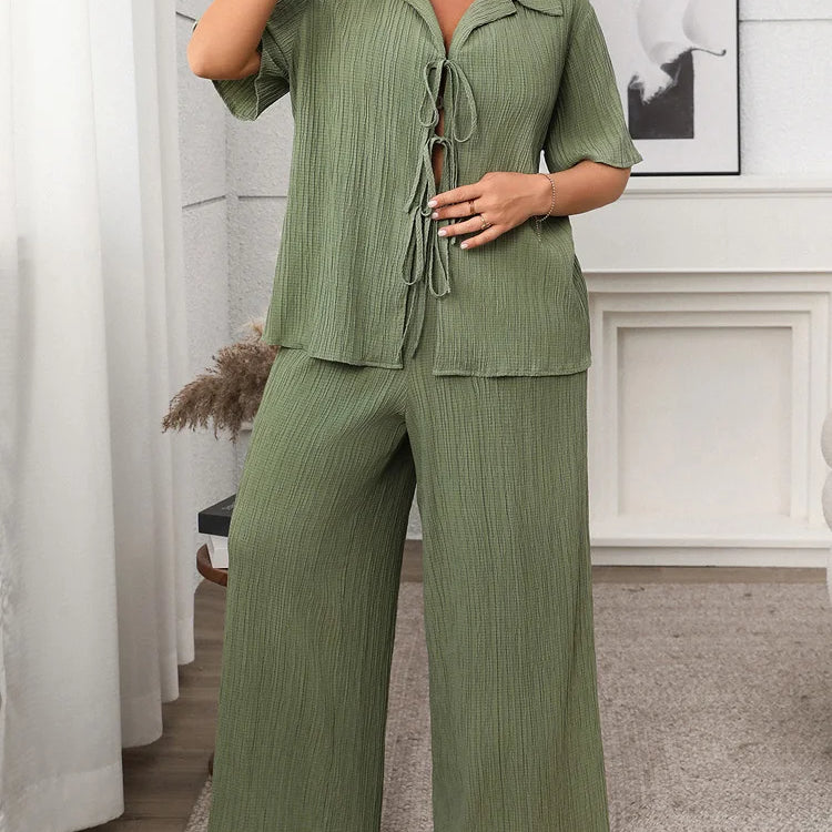 GIBSIE Plus Size Spring Summer Women Two Piece Set Loose Lace-up Shirt Top + Wide Leg Pants 2025 Female Casual 2 Piece Outfits