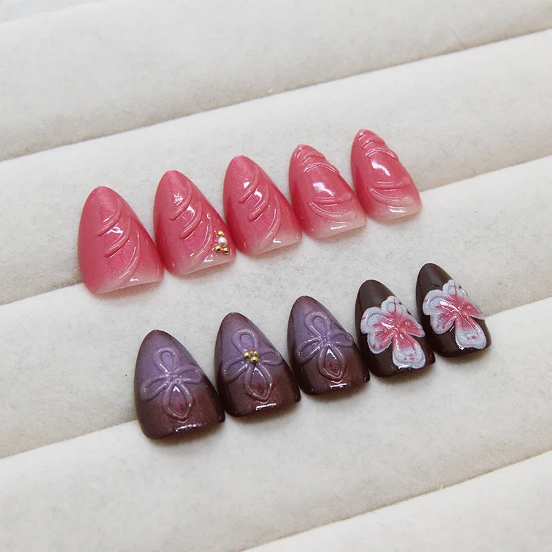 24pcs Flower Printed Fake Nail Tips INS Gradient Color Short Almond False Nails for Women Wearable European Press on Nails