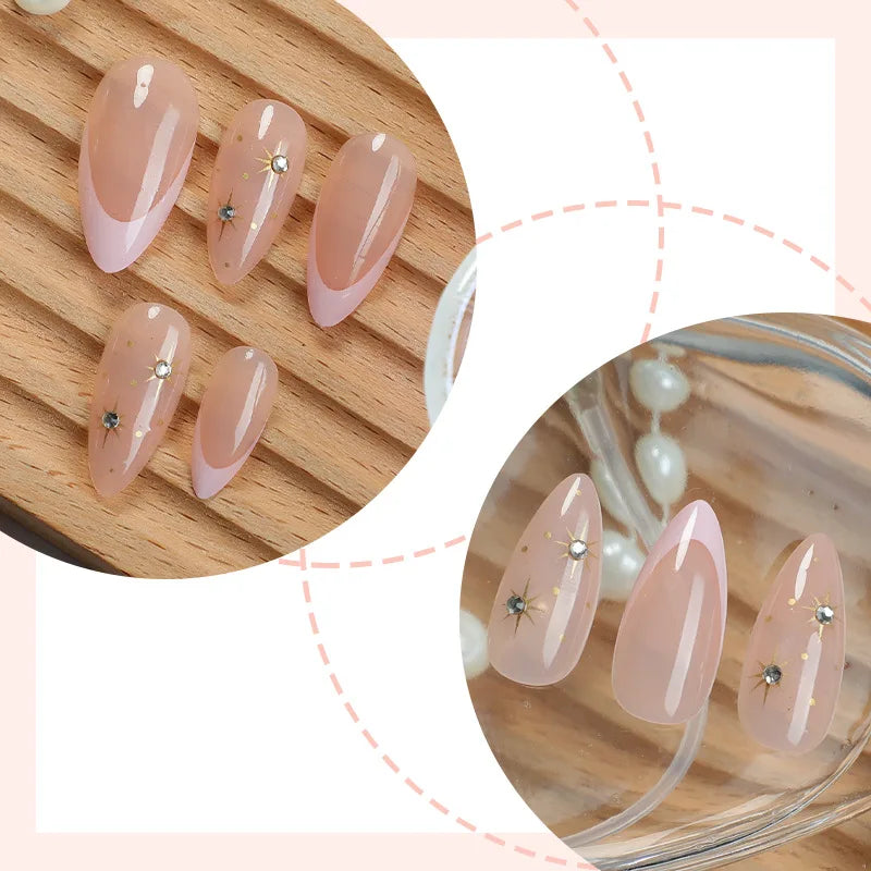 24pcs Starry Almond Simple Bare Pearl Powder Dot Diamond Press on Nails French Fake Nails Full Cover Wearable False Nails
