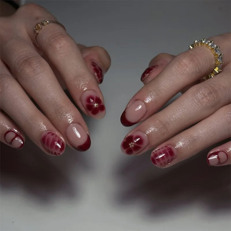 24Pcs French Red Fake Nail Tips Short Round Head False Nails with Flower Design Wearable Almond Manicure Set Press on Nails