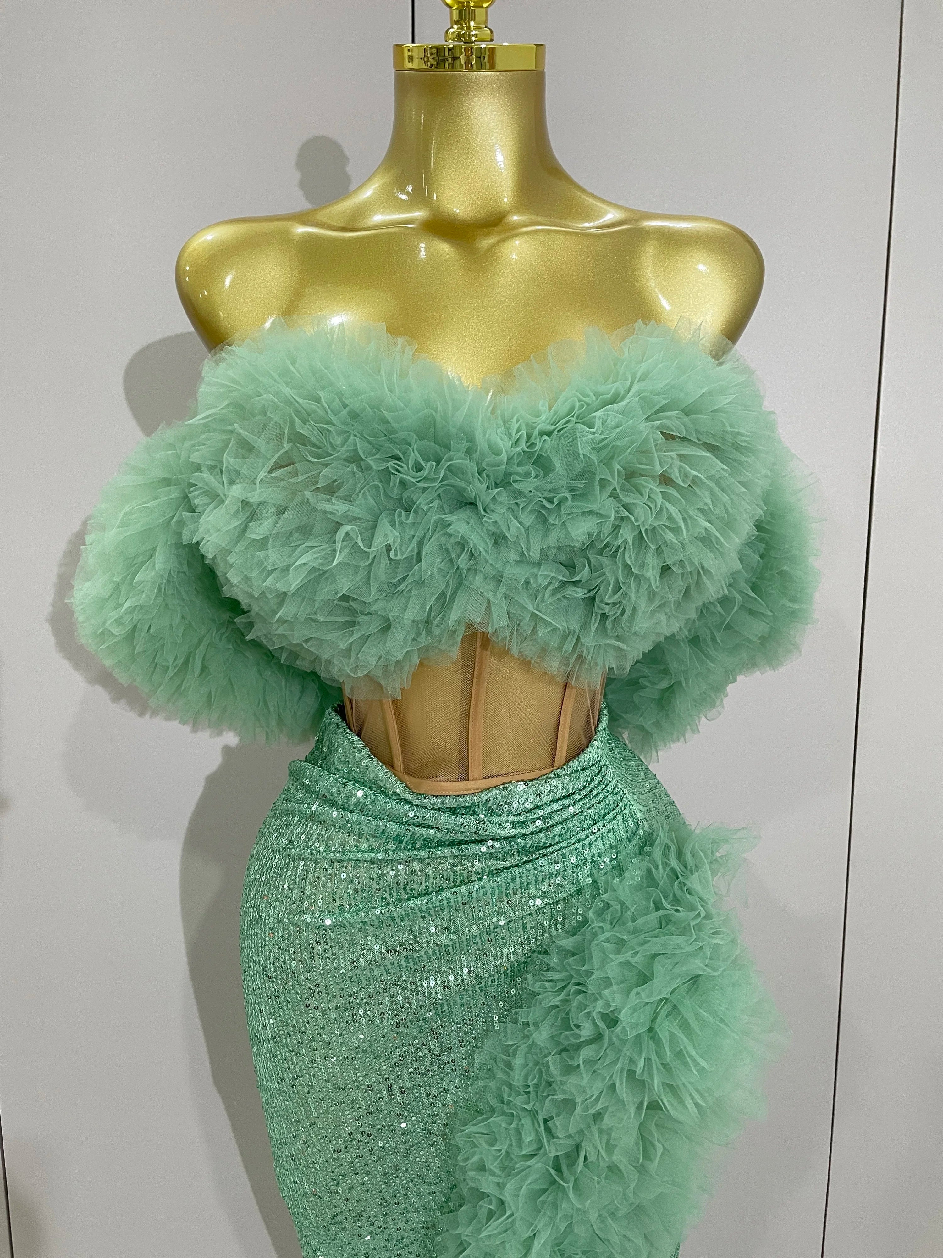 Shiny Sequins Top Short Skirt Two Pieces Set 2025 Women Sexy Celebrate Evening Prom Birthday Party Dress Nightclub Stage Outfit