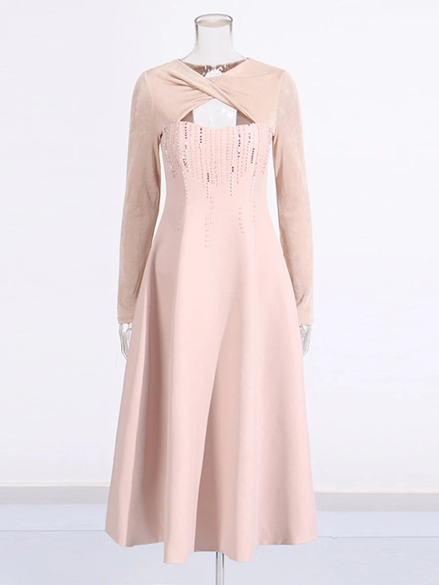 TWOTWINSTYLE Solid Slimming Bead Elegant Dresses for Women Round Neck Long Sleeve Hollow Out Temperament Dress Female Clothing