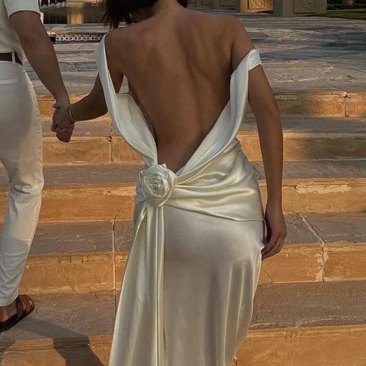 Satin Backless Sexy Maxi Dress For Women Elegant Rose Thigh High Split Beach Holiday Long Dress Gorgeous Club Gown