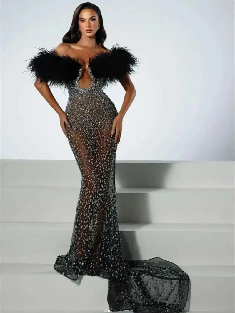 Luxury Feather Dazzling Diamonds Sexy Mesh See Through Black Floor Length Dress Goddess Evening Party Dress Red Carpet Vestido