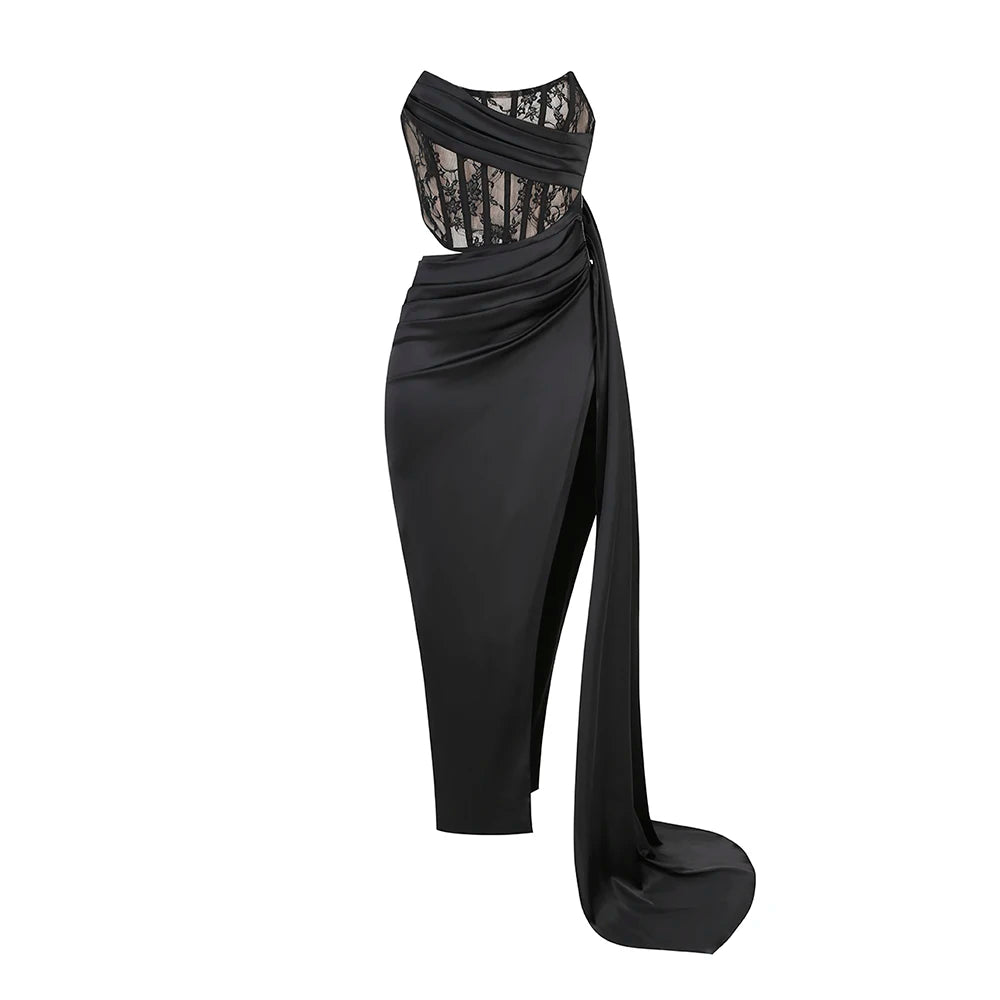 VC Cocktail Party Dress Women Sexy High Split Evening Clubwear Strapless Lace Patchwork Satin Long Dress Vestidos