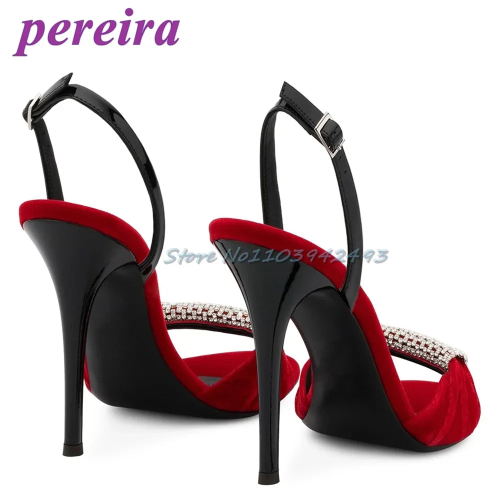 Red Rhinestones Velvet Heeled Sandals Shallow Back Strap High Heels Slip On Women Luxury Designer Shoes 2025 Open Toe Zapatos