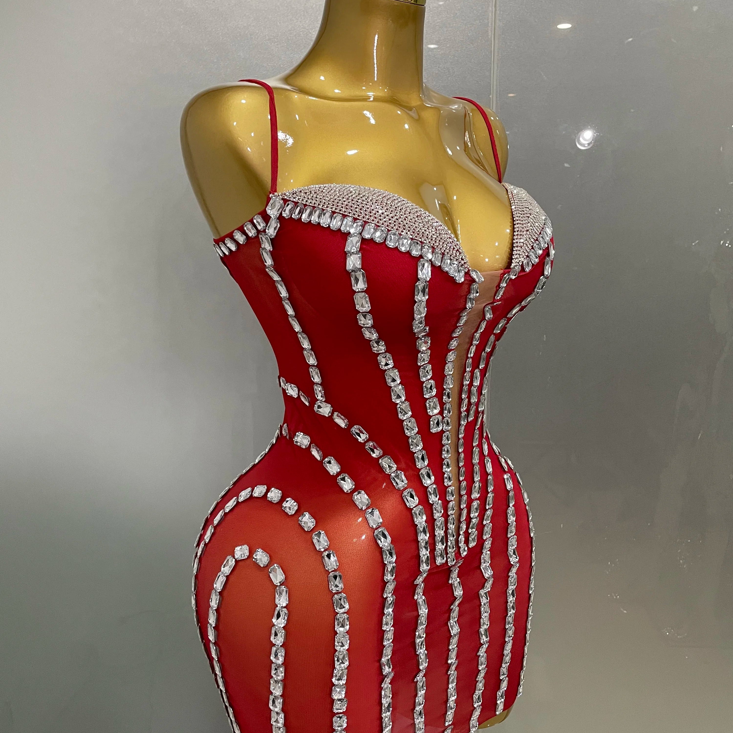 Sexy Sparkly Rhinestones Mesh See Through Short Slip Dress 2025Women Evening Birthday Party Prom Nightclub PhotoShoot Stage Wear