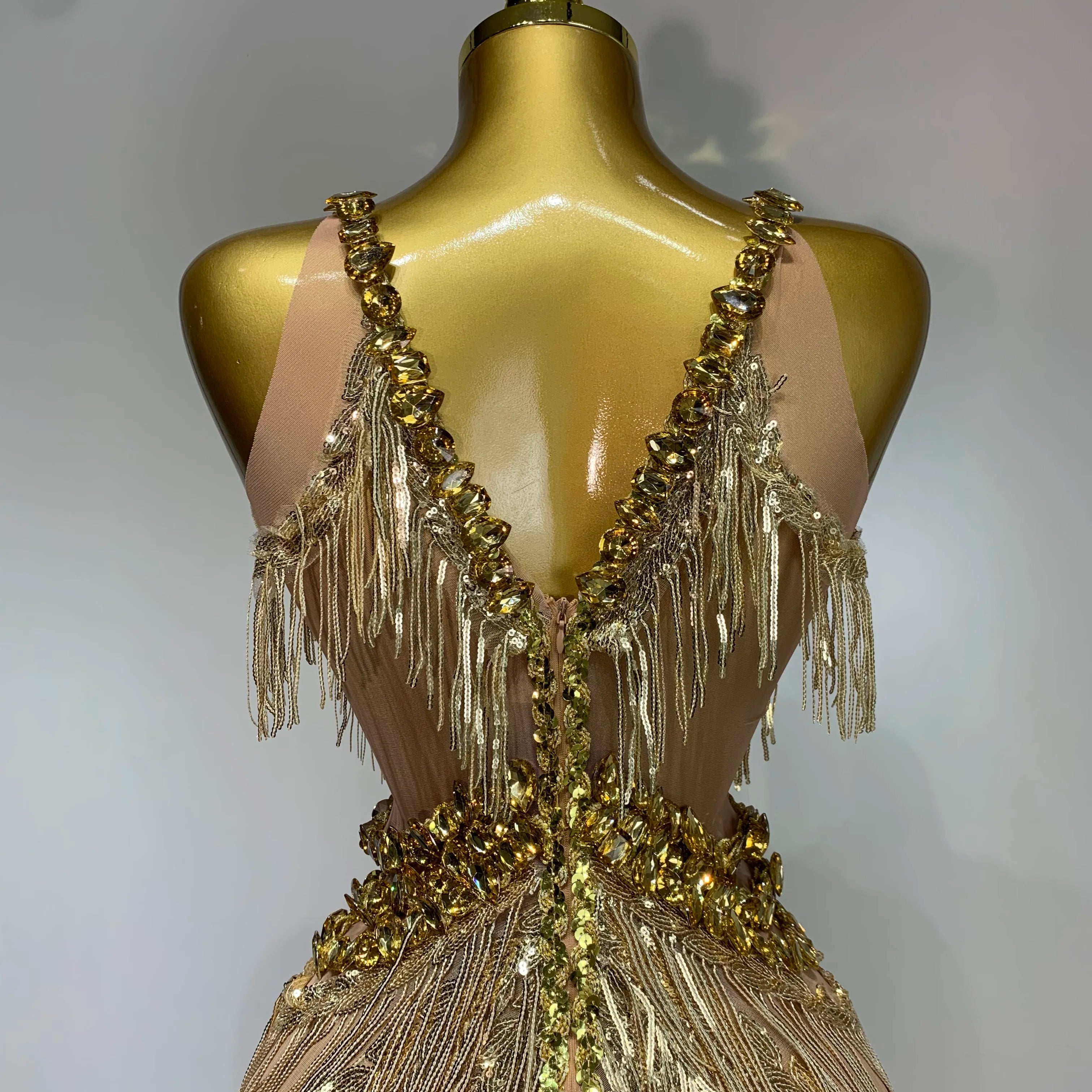 Women Sparkly Glod Rhinestones Sequined Fringe jumpsuit Sexy Nightclub Party Birthday Outfit Show Singer Stage Perform Costume