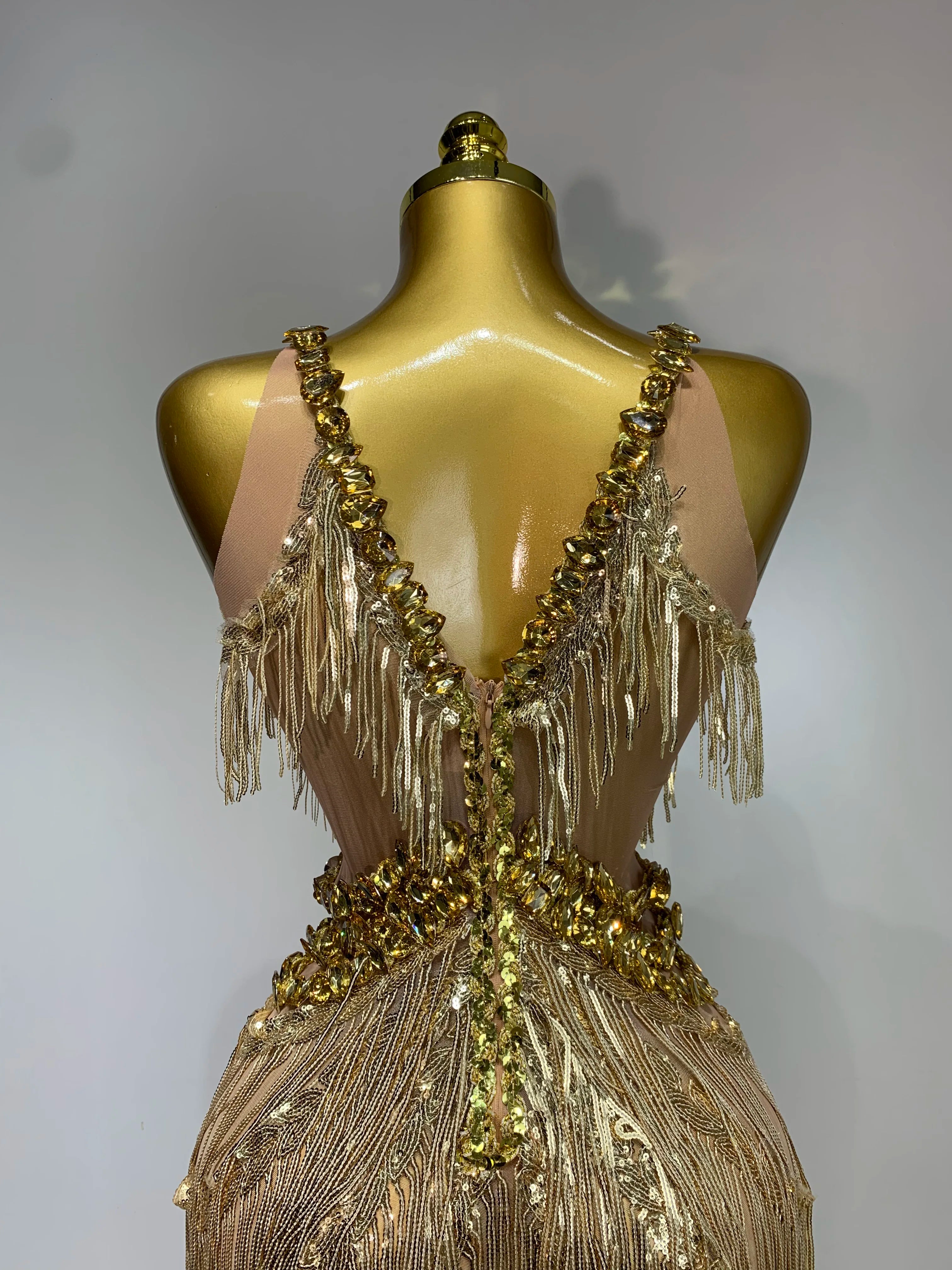 Women Sparkly Glod Rhinestones Sequined Fringe jumpsuit Sexy Nightclub Party Birthday Outfit Show Singer Stage Perform Costume