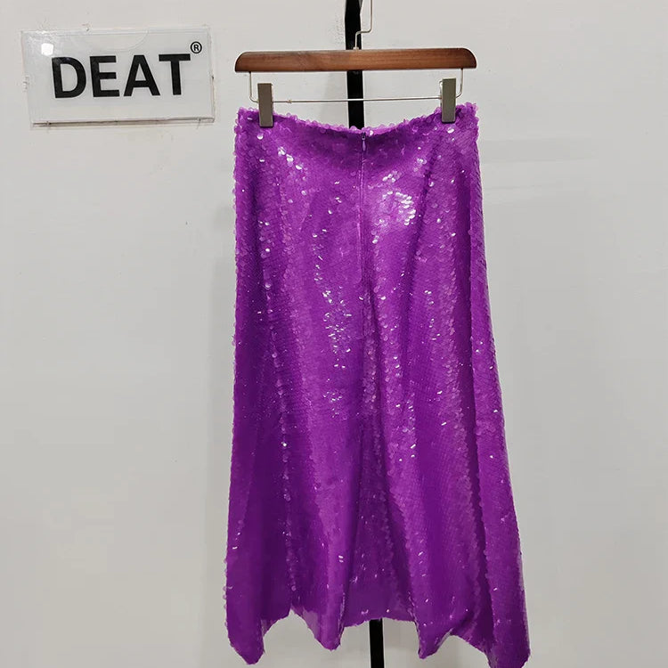 DEAT Fashion Women's Skirt Fit High Waist A-line Sequin Mid-calf Purple Versatile Skirts Female Summer New Tide 17A9008 purple