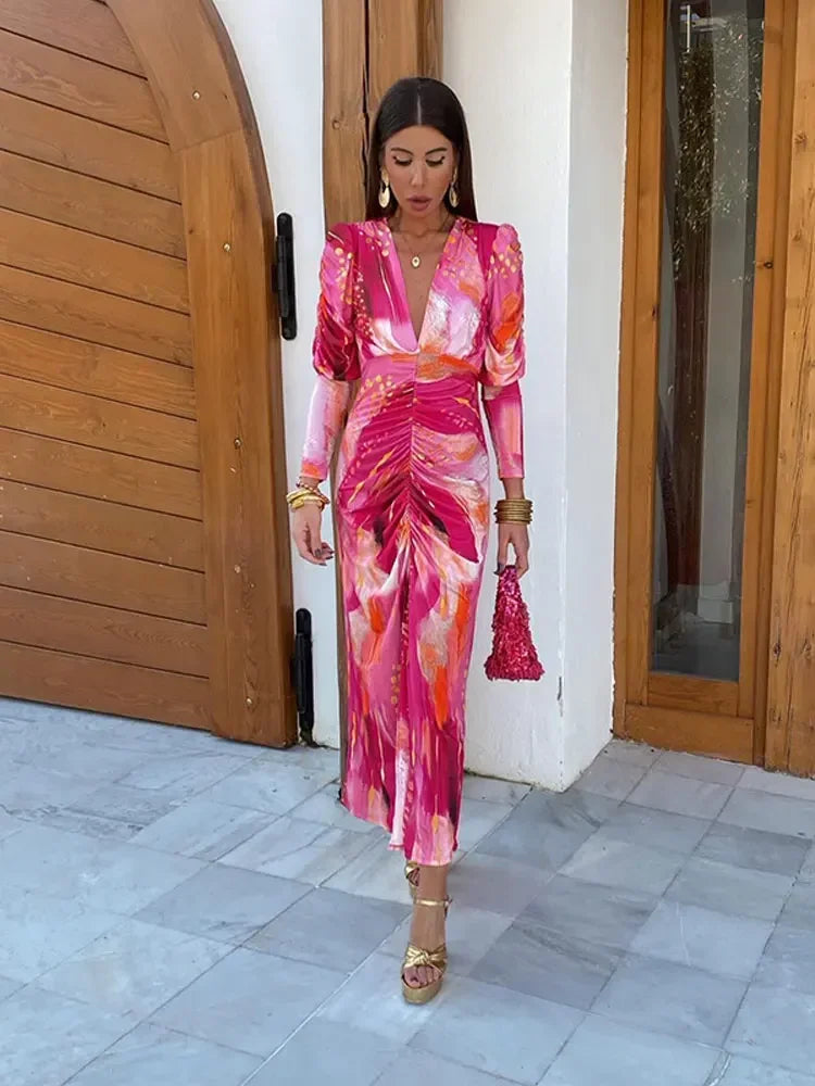 Elegant Tye Die Print Pleated Bodycon Maxi Dress Women Vintage Long Sleeve V-neck A-line Dresses Ladies Holiday Party Robes