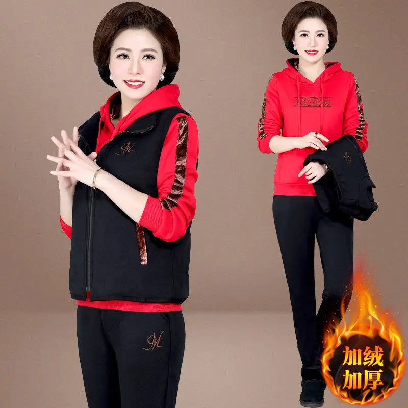 Women's Autumn Winter Suit Plush Thickened Hooded Tops Waistcoat Pants 3 Three Piece Sets Fashion Plus Size Women Clothing