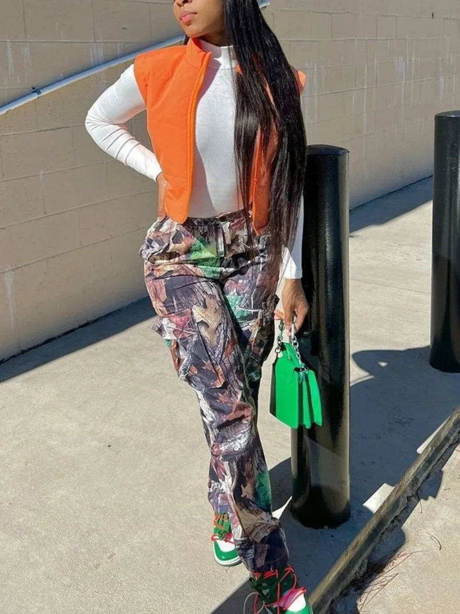 Mid-Waist Side Pocket Design Camo Print Cargo Pants Women Street Y2K Trousers Print Design Jeans