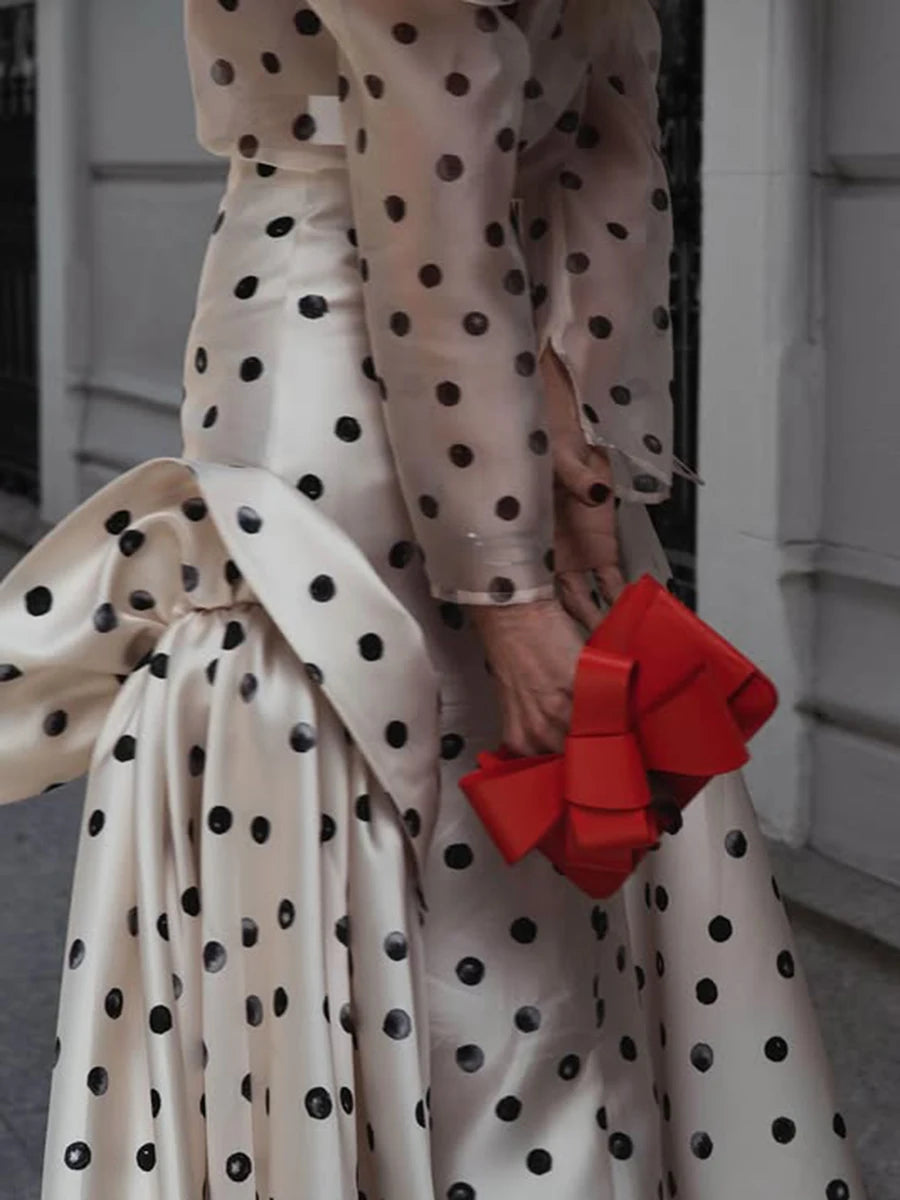 TWOTWINSTYLE Hit Color Sheer Spliced Wave Point Two Piece Sets for Women Round Neck Long Sleeves Top High Waist Skirt Set Female