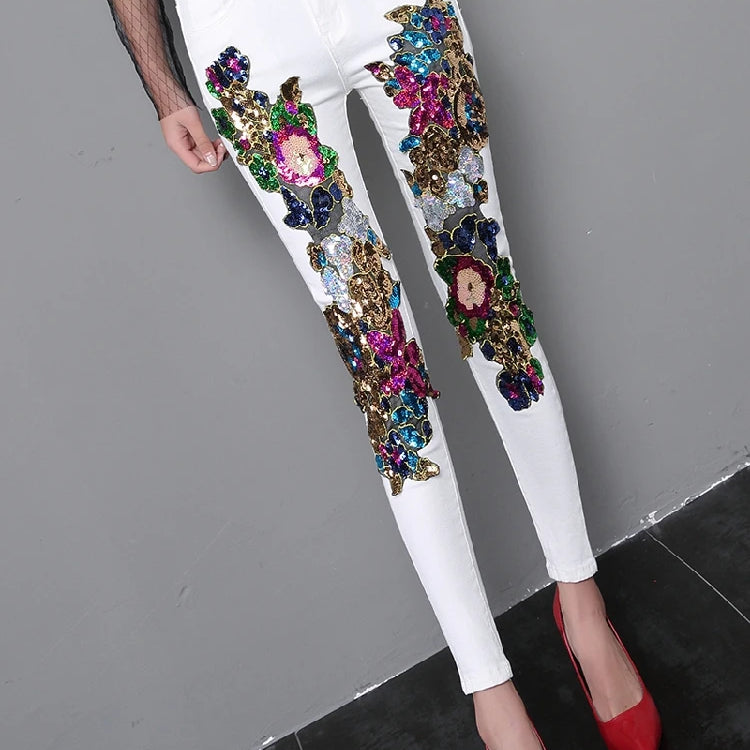 Spring and Summer Women's Sequins White Denim Pants Slim All-match Basic Pencil Student Stretch Jeans Daily Street Trousers