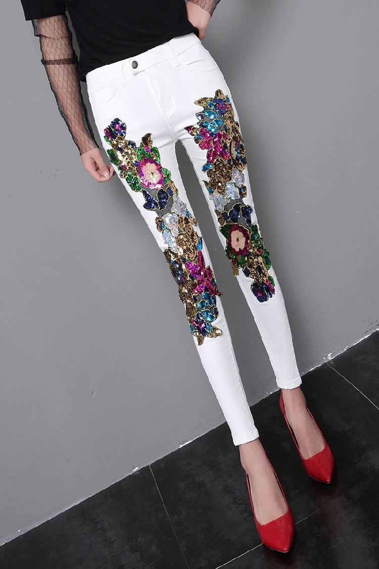 Spring and Summer Women's Sequins White Denim Pants Slim All-match Basic Pencil Student Stretch Jeans Daily Street Trousers