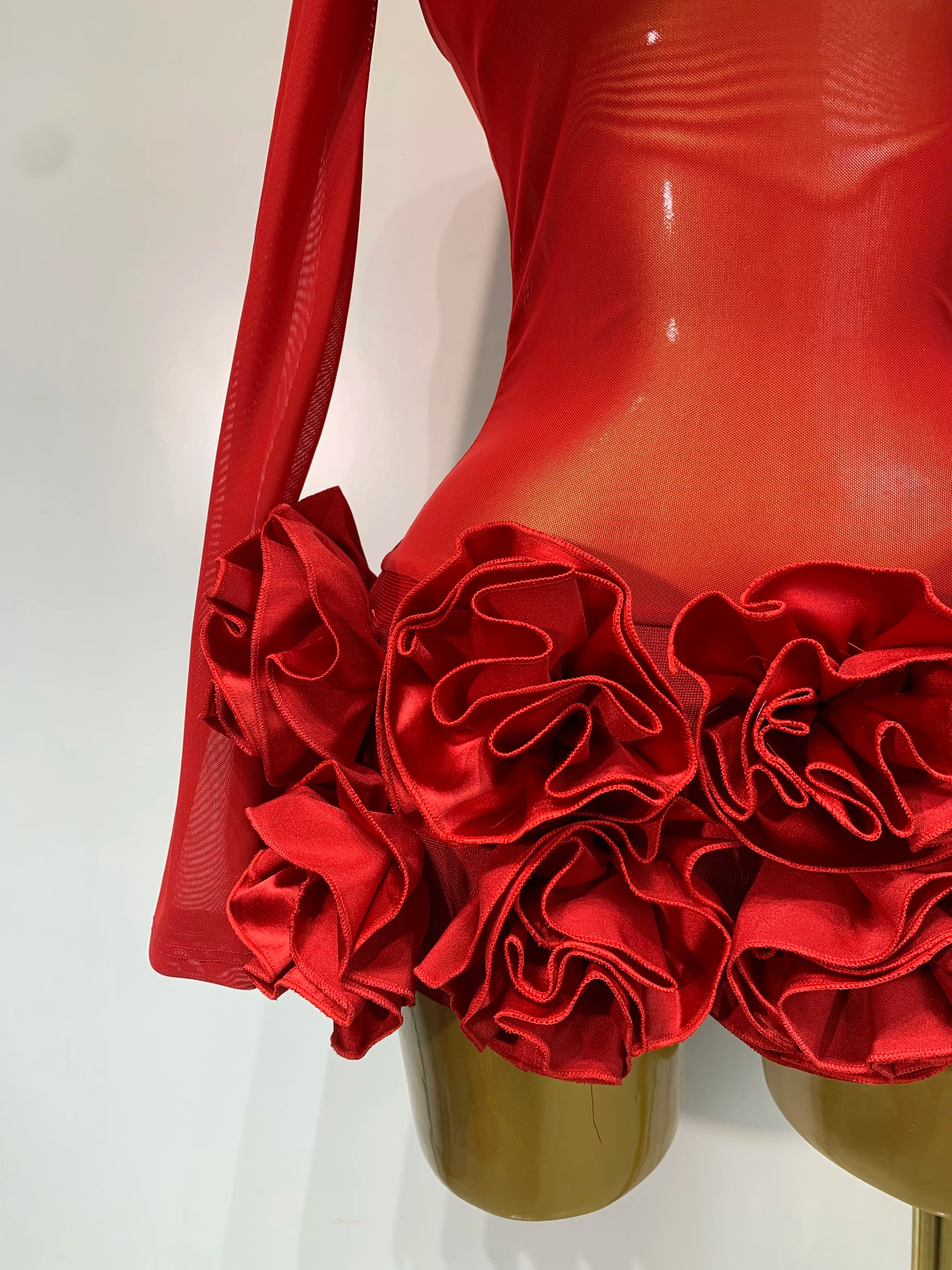 Women Sexy Mesh See through Stereoscopic Flowers Red Mini Bandage Dress Birthday Party Evening Dress Club Singer Perform Costume
