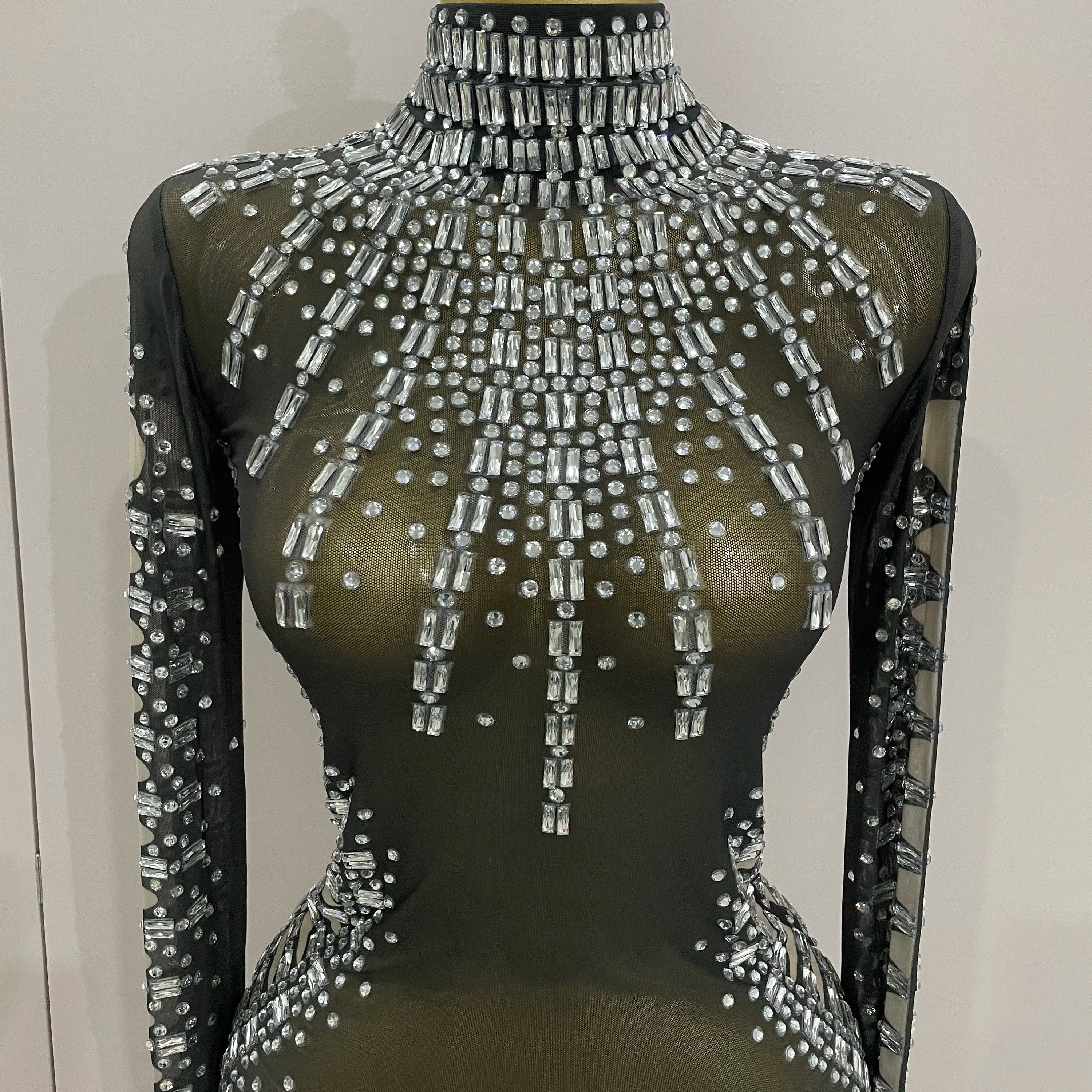 Sexy Sparkly Crystals Black Mesh Jumpsuit With Gloves 2025 Women Celebrate Birthday Party NightClub Singer Dance Stage Costumes