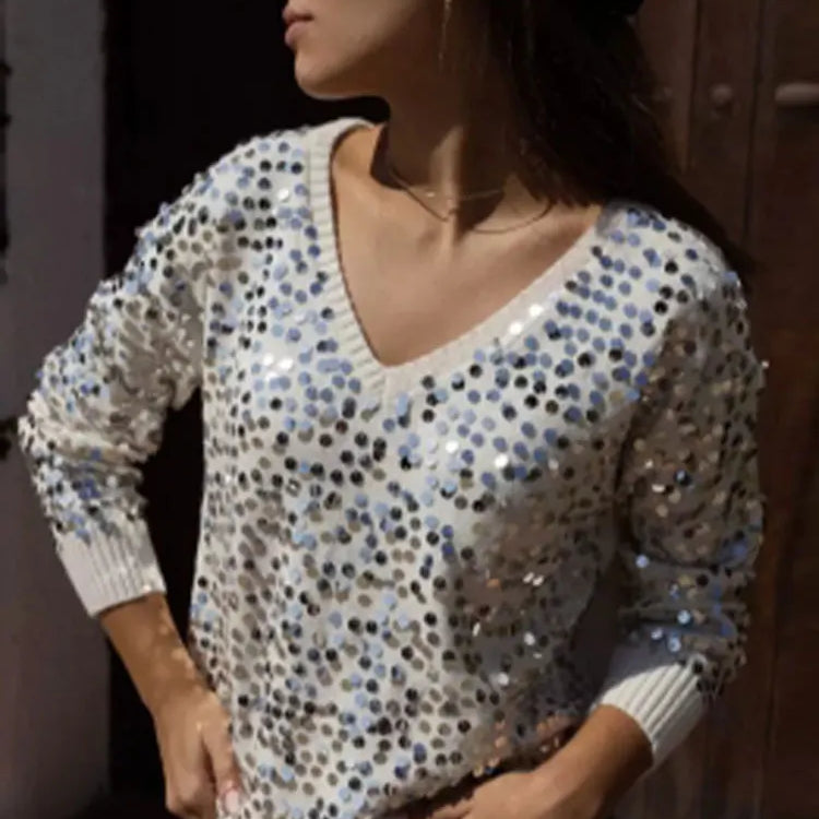 Fashion Sequins Glitter Loose Sweaters For Women Sexy V Neck Long Sleeve Wram Jumper Tops Office Ladies Weam Commute Pullover