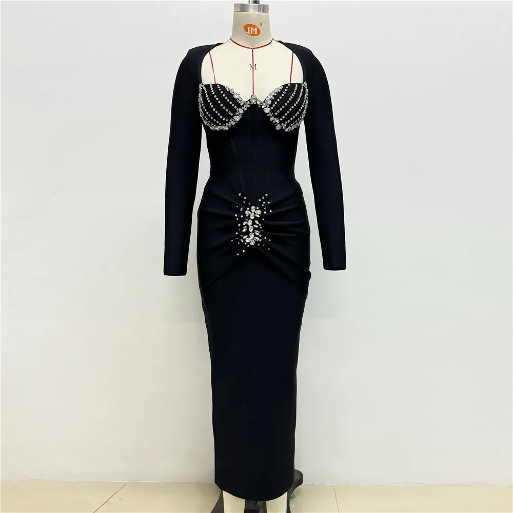 Women Long Sleeve Sqaure Collar Shinning Diamond Bodycon Long Bandage Dress Celebrate Elegant Evening Party Wear