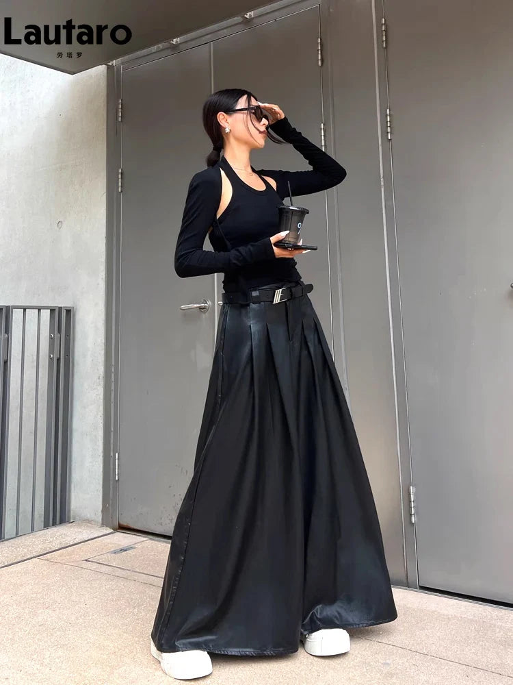 Spring Autumn Luxury Long Pleated Black Soft Pu Leather Maxi Skirt Women High Elastic Waist Korean Style Clothes 2023