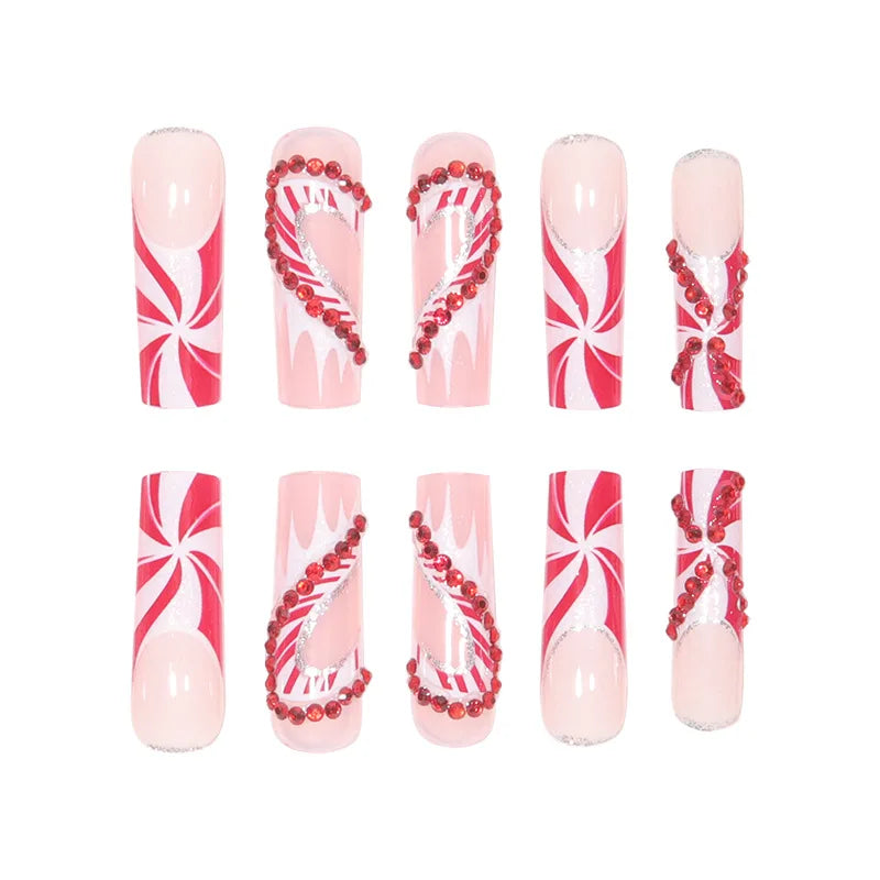 Christmas Gifts False Nails Glitter Red Rhinestone Ribbon Designs Fake Nail Patch Long Coffin Ballet Wearable Press on Nails Tip