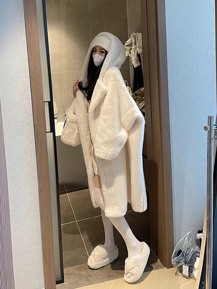 Winter High Quality Long Oversized White Thick Warm Teddy Bear Coat Women with Hood Loose Casual Korean Fashion 2023 White