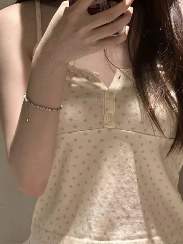 Casual Women Beige Floral Printed Front Buttons Short Camis Summer Vintage Sleeveless Female Tops Chic