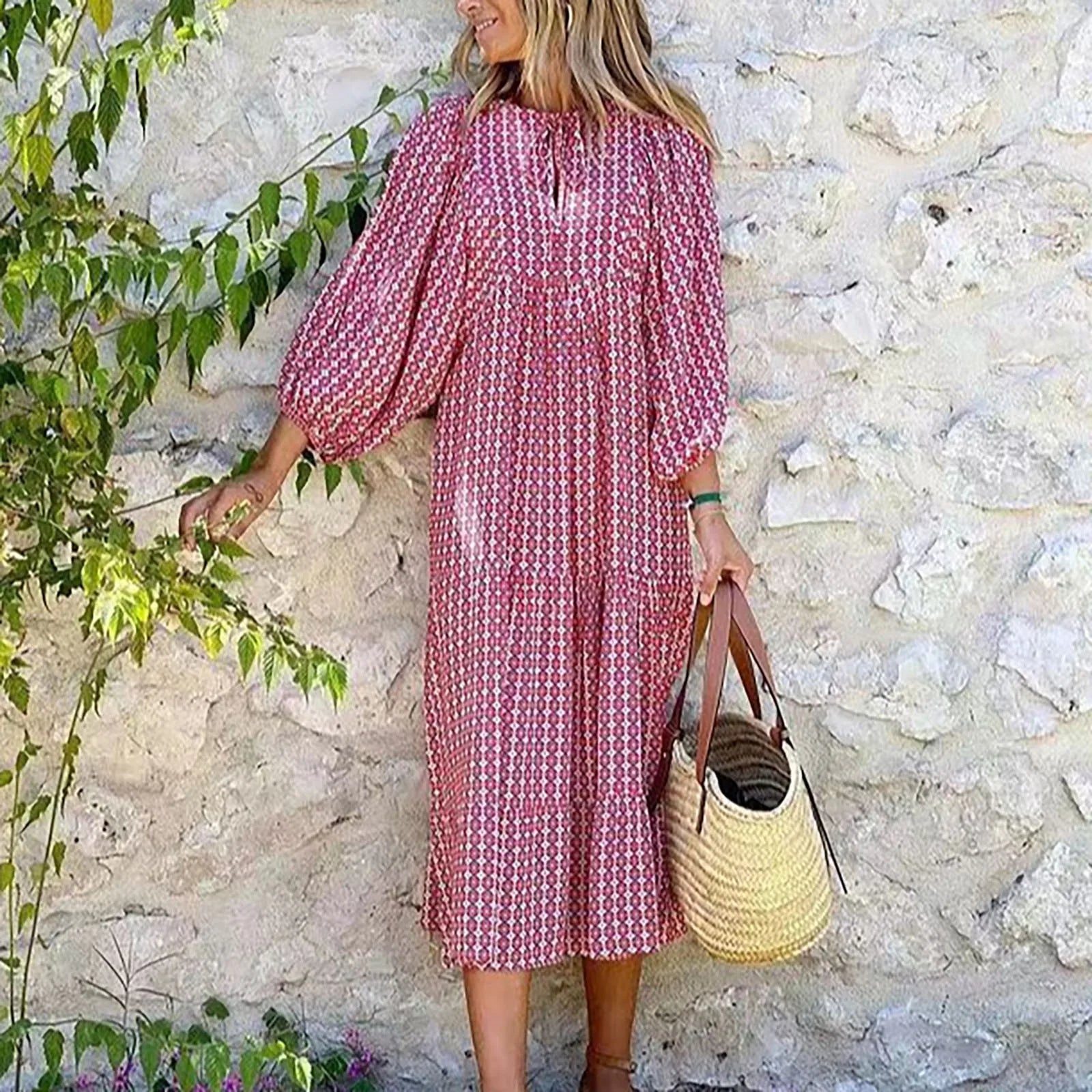 Geometric Printed Dresses For Fine Woman Bubble Sleeved Long Dress Street Oversized Women'S Clothing Casual Mountain Dress Red