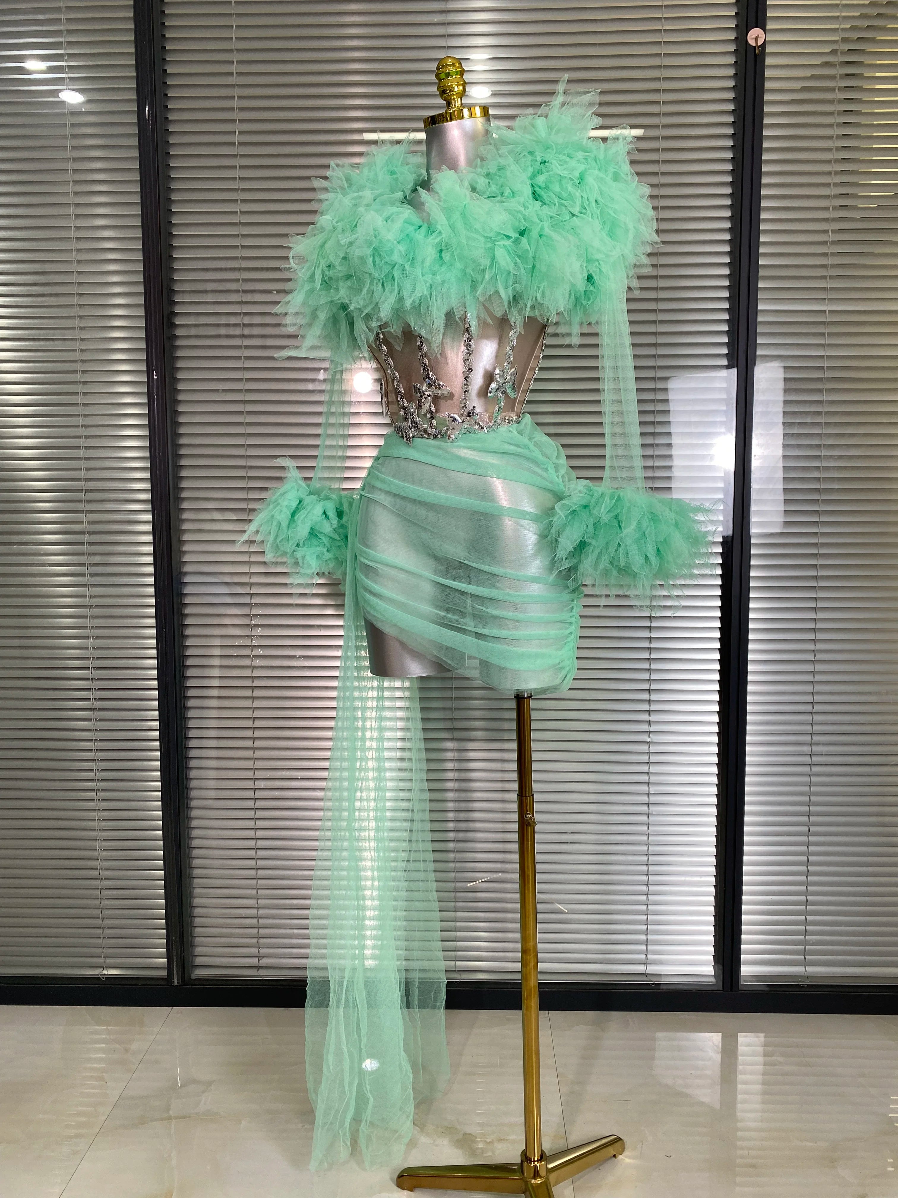 Summer New 2025 Sexy Two Pieces Set Women Celebrity Laced Mint Mesh Night Club Skirt Suits Stage Performance Costume