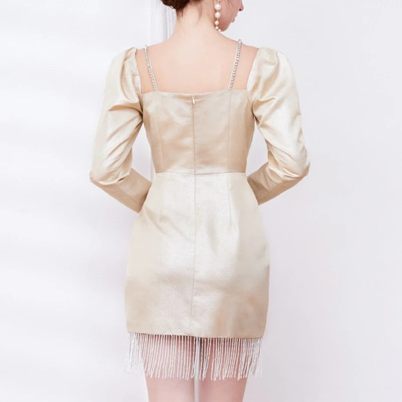 TWOTWINSTYLE Solid Slimming Spliced Tassels Elegant Dresses for Women Square Neck Long Sleeves Patchwork Folds Dress Female New