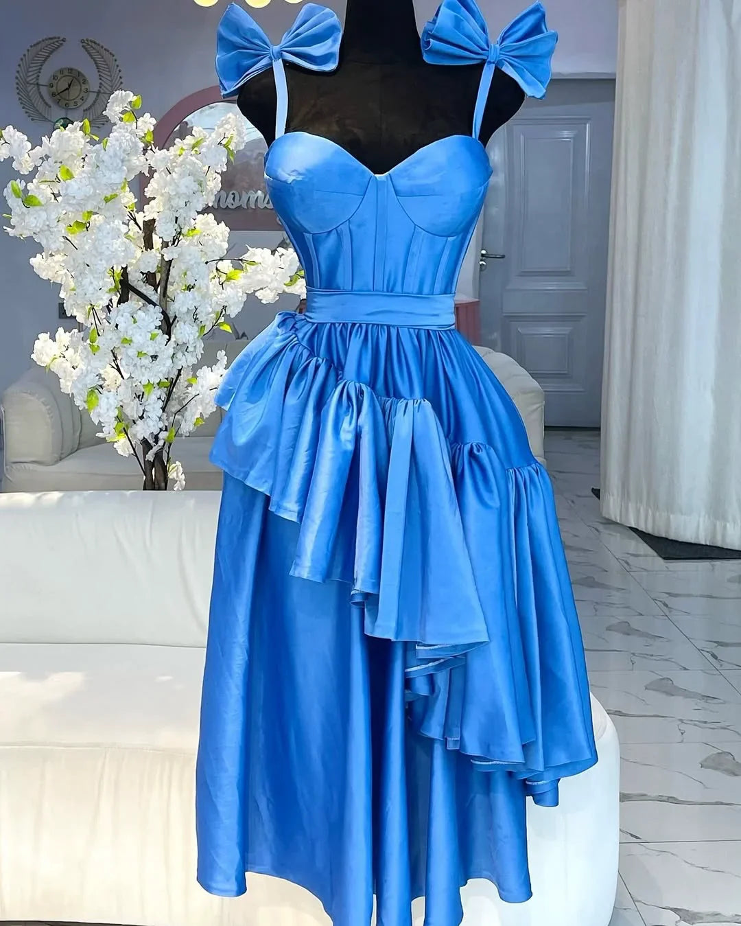 CM.YAYA Women Sleeveless Strap Bow Ruffles Long Maxi Dress 2025 Holiday Beach Birthday Evening Sexy Girl Party Dresses Vestidos Blue