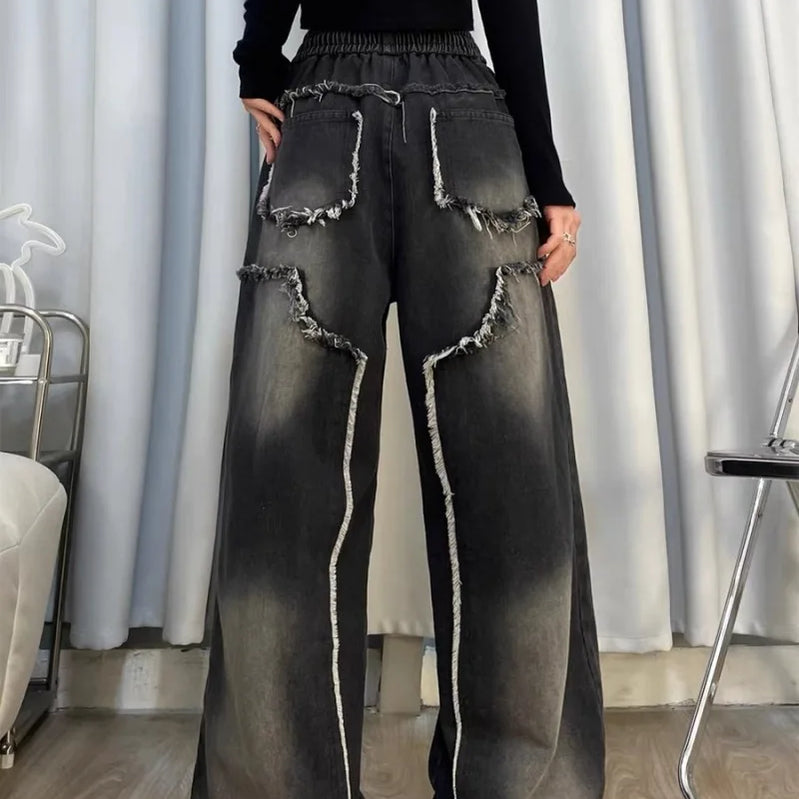 Autumn Winter New Straight Tube Women's Jeans American Retro Baggy Jeans Ladies Black Raw Edge Straight Tube Pants for Women