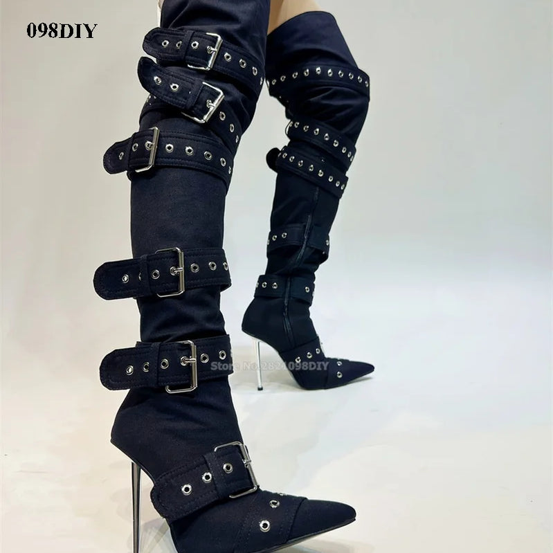 Denim Thigh High Boots Women Sexy Super Pointy Toe Punk Metal Buckle High Heels Shoes Ladies Puttee Blue Biker Boots De Mujer as showed color