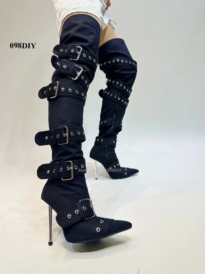 Denim Thigh High Boots Women Sexy Super Pointy Toe Punk Metal Buckle High Heels Shoes Ladies Puttee Blue Biker Boots De Mujer as showed color