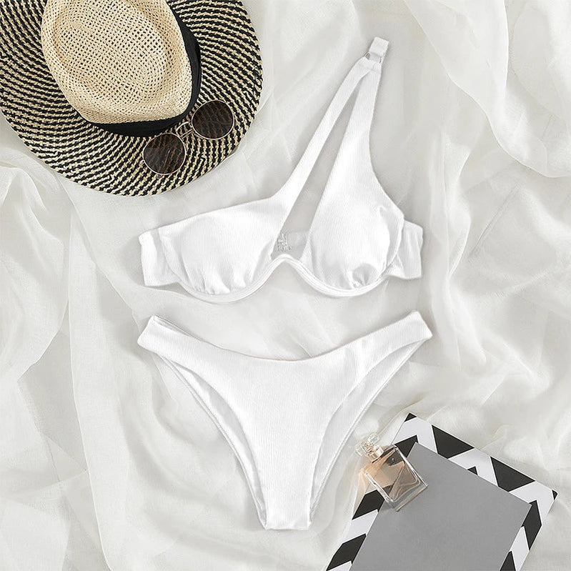 Sexy Push Up Bikini Set Women Cut Out Swimsuit Summer One Shoulder Swimwear Female Bathing Suit Beachwear Lady High Waist Bikini white