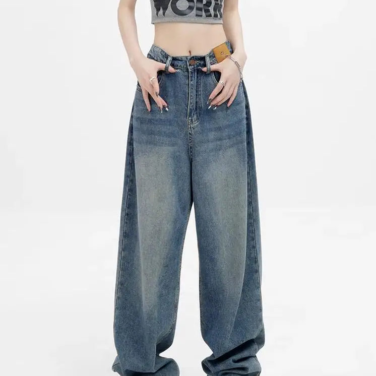 Women Retro Aesthetic Wide Leg Baggy Casual Denim Trouser Harajuku Blue High Waist Loose Jeans Spring Fashion Pants Blue