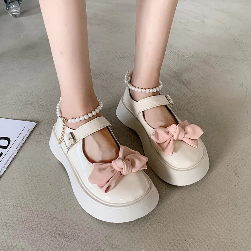 Autumn Girl Elegant Single Shoes Ribbon Bow Sweet Children Princess Shoes Fairy Kids Leather Shoe School Black Mary Janes