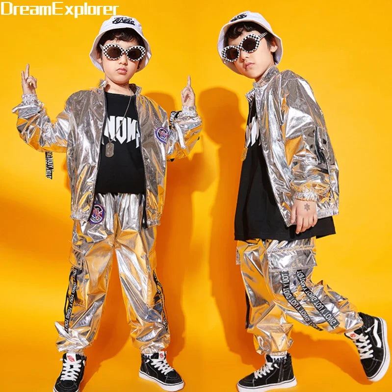 Hip Hop Boys Silver Jacket Girls Jazz Jogger Pants Street Dance Mini Skirt Clothes Sets Kids Sequin Costumes Child Streetwear