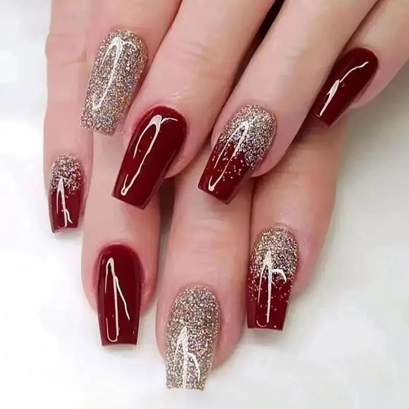 24Pcs Glitter Fake Nail Art with Sequin Design Mid-length Square Head False Nails Tips Retro Wine Red Wearable Press on Nails