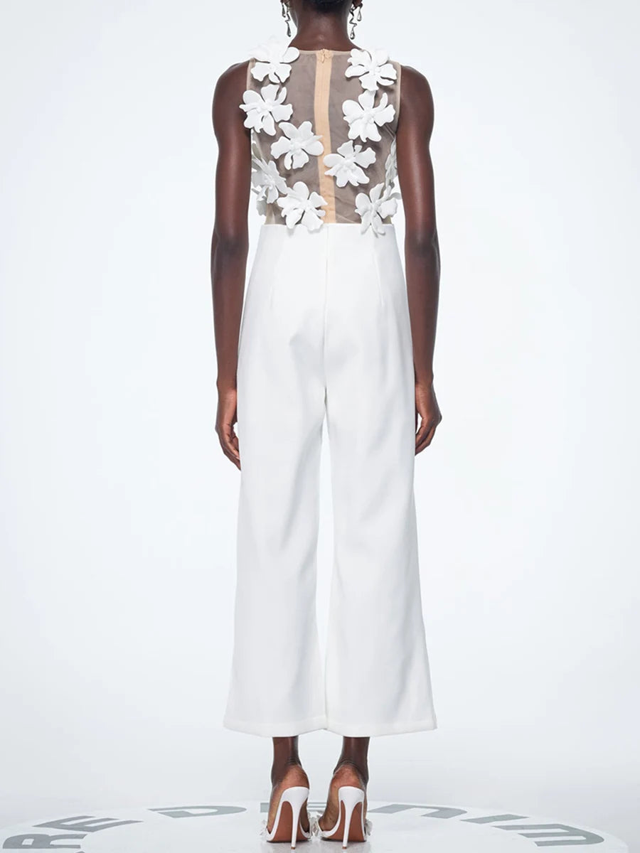 TWOTWINSTYLE Solid Slimming Spliced Appliques Jumpsuits for Women V Neck Sleeveless High Waist Elegant Jumpsuit Female Fashion