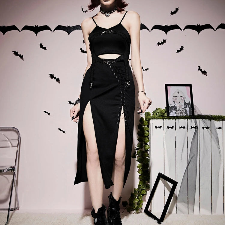 Goth Dark Grunge Bandage High Split Sexy Midi Skirts Mall Gothic Techwear Irregular Eyelet Long Skirt For Women Black Partywear