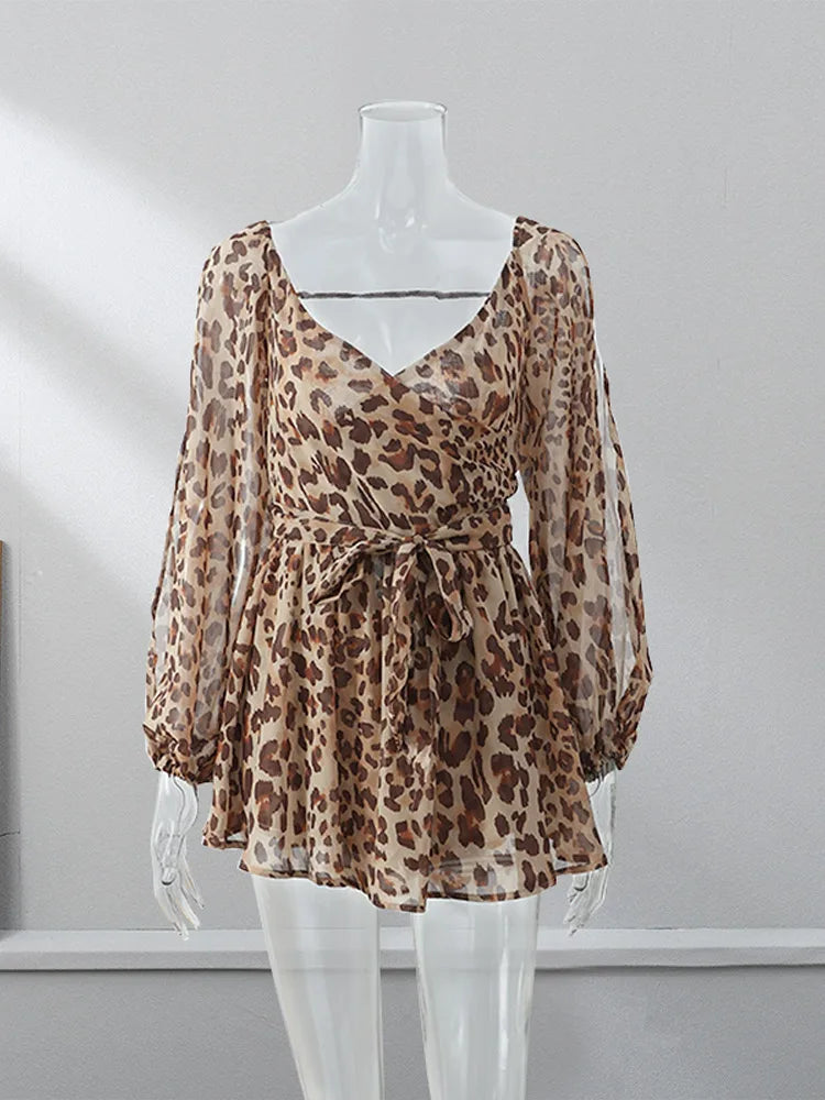 Summer Solid Pleated Mini Dress Women Sexy Slim V Neck Cut Out Long Sleeve Robes Summer Elegant Female Beach Party Streetwear Leopard print