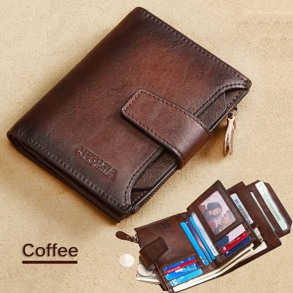 Men's Leather Wallet Vintage Short Multi Function Business Card Holder RFID Blocking Zipper Coin Pocket Money Clip Coffee
