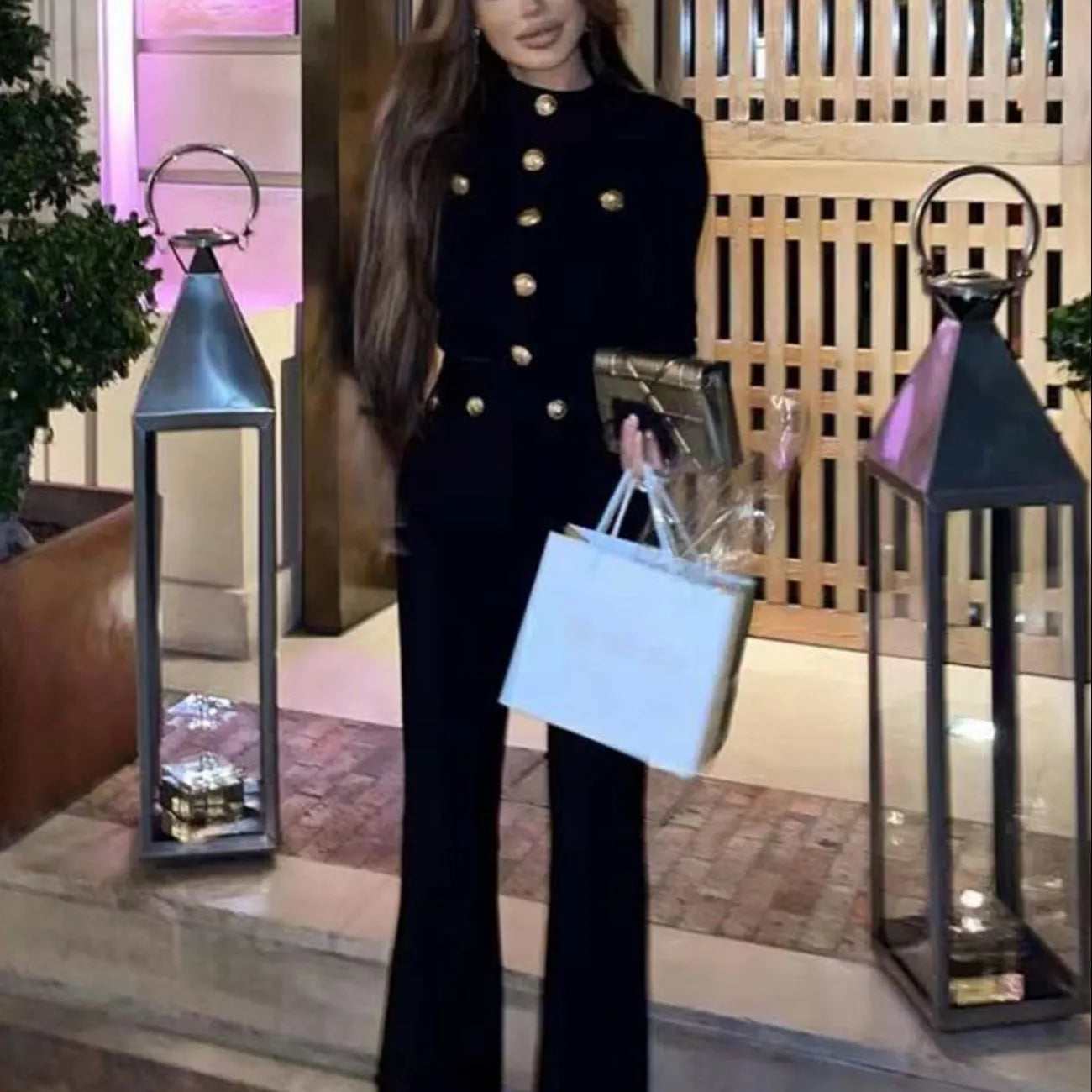 Women's Autumn Long Sleeve Gold Button Stretch Bandage Black Top Long Pants Casual Holiday Fashion Sets black