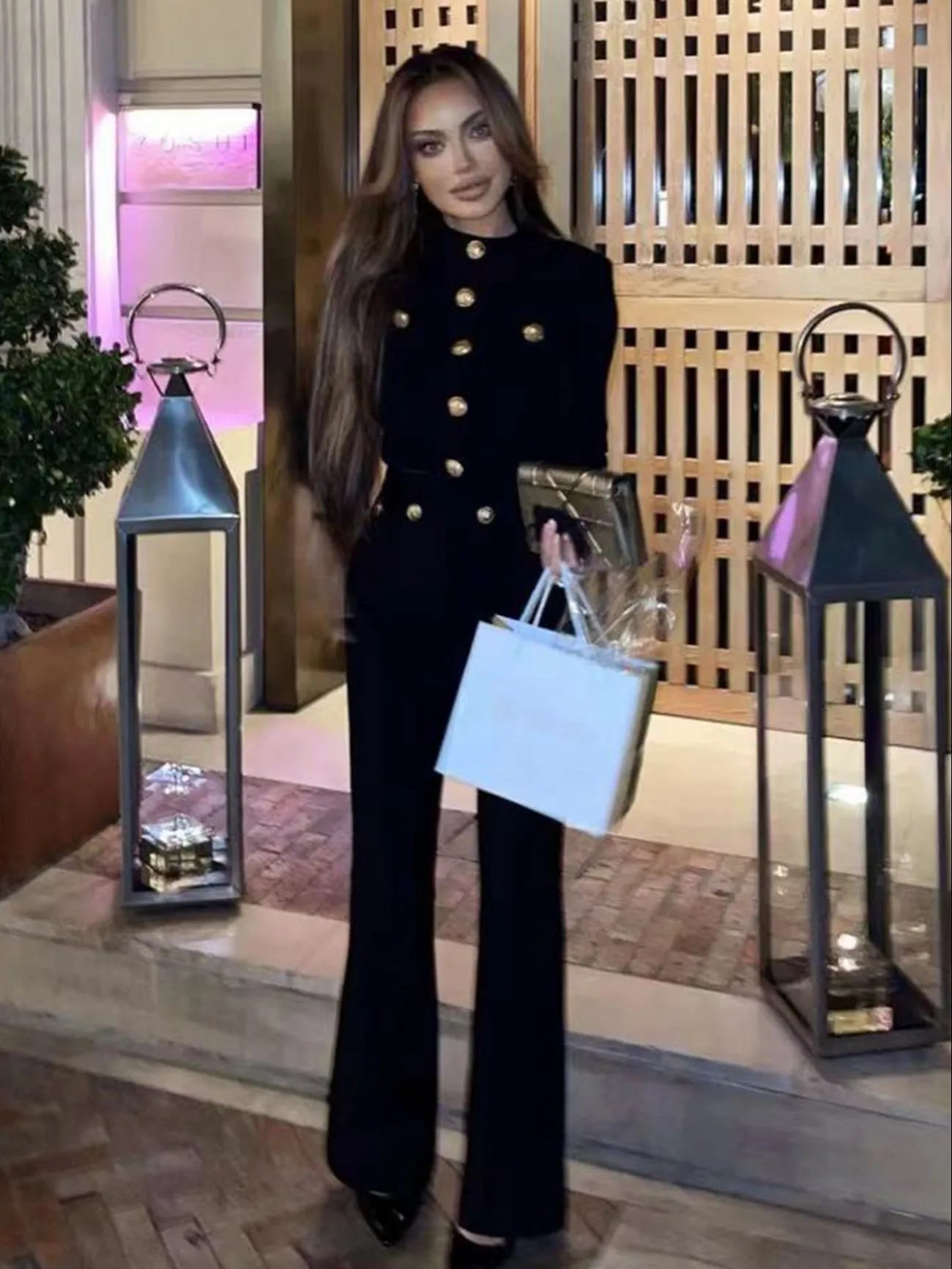 Women's Autumn Long Sleeve Gold Button Stretch Bandage Black Top Long Pants Casual Holiday Fashion Sets black