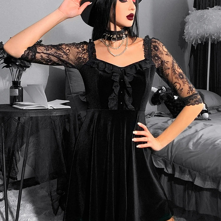 Gothic Velvet Black Summer Mini Dress Women Short Sleeve See Through A-LINE Dress Aesthetic Backless Club Sexy Partywear