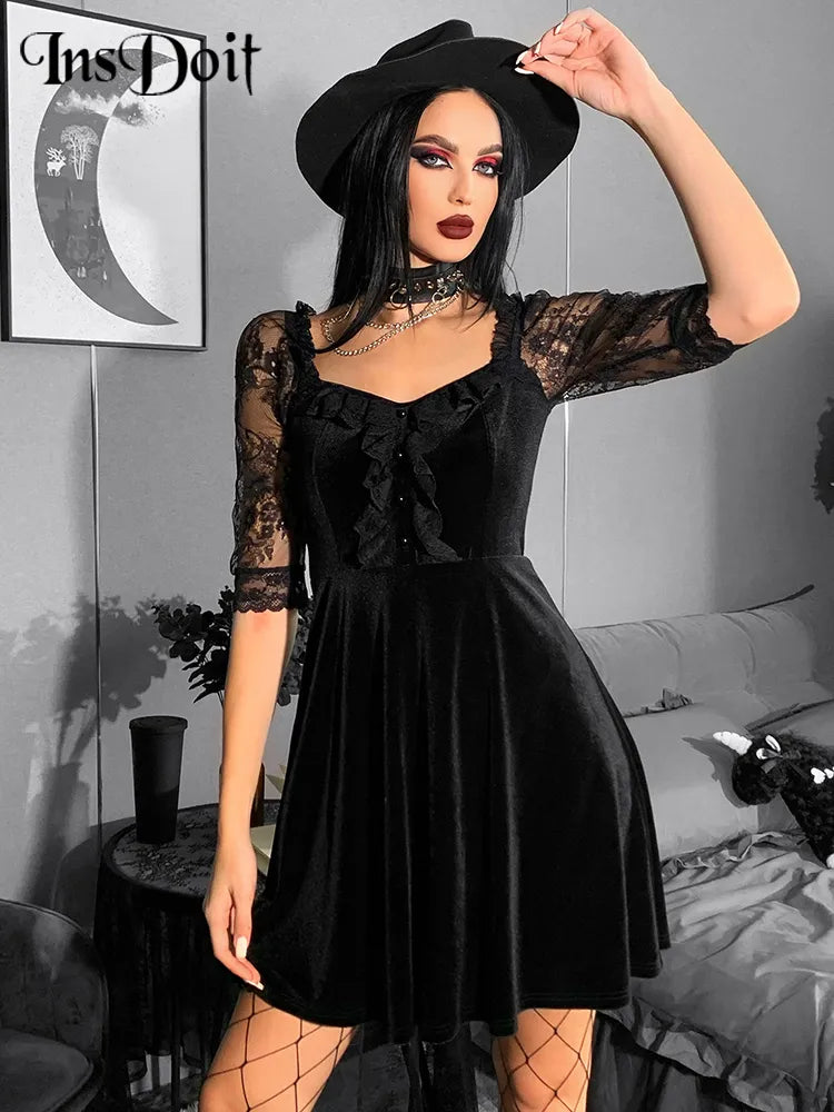 Gothic Velvet Black Summer Mini Dress Women Short Sleeve See Through A-LINE Dress Aesthetic Backless Club Sexy Partywear