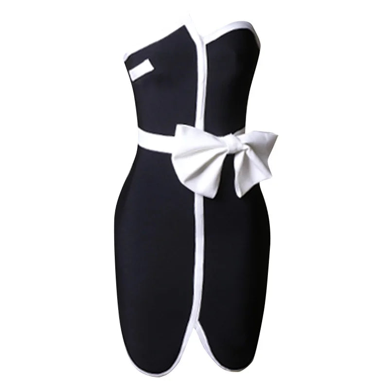Women's Patchwork Mini Bandage Black Bow Strapless Bodycon Summer Sexy Elegant Club Celebrity Evening Party Dresses black